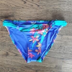 AERIE Bikini Bottom Blue Floral Knotted Sides New XS